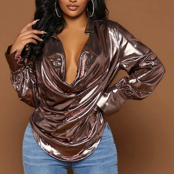 . Tops - Draped cowl neck with Collar Metallic Blouse top bronze pink